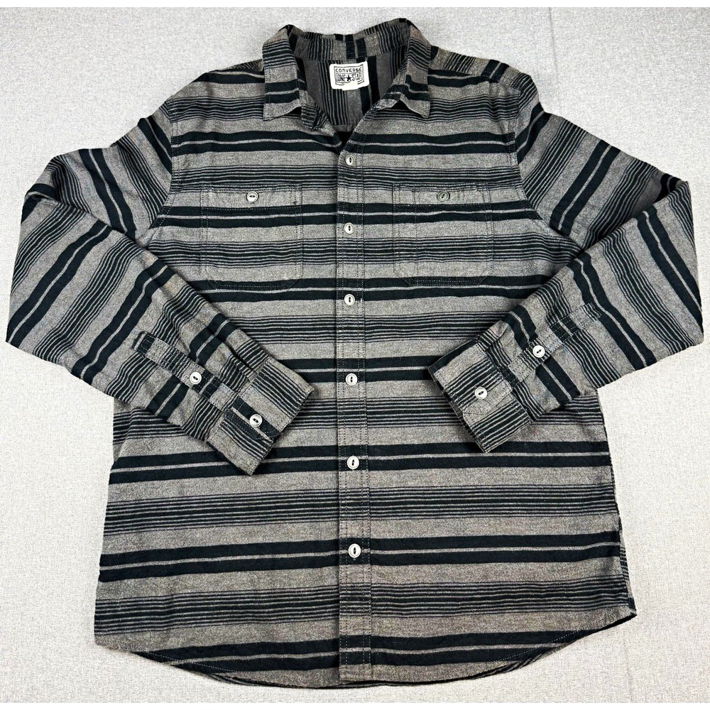 Converse One Star Mens L Shirt Gray Black Striped Button Up Long Sleeve Cotton